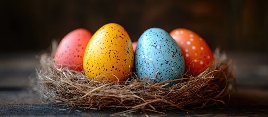 Vibrant Easter eggs nestled in a rustic nest of wood shavings against a dark background, symbolizing spring and festive celebration.