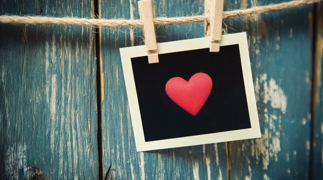 Instant photo hanging on a rustic wooden clothesline featuring a vibrant red heart, adding a touch of warmth and affection to the scene.