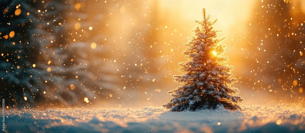 Poster snow-covered christmas tree glowing in winter sunlight with sparkling bokeh effects and serene snow-