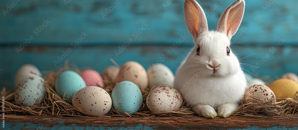 Poster easter decor with a white bunny and colorful chocolate eggs on a rustic wooden background with ample