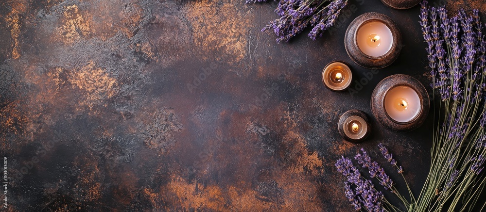 Poster elegant vintage table setting with candles and fresh lavender for a cozy festive atmosphere overhead