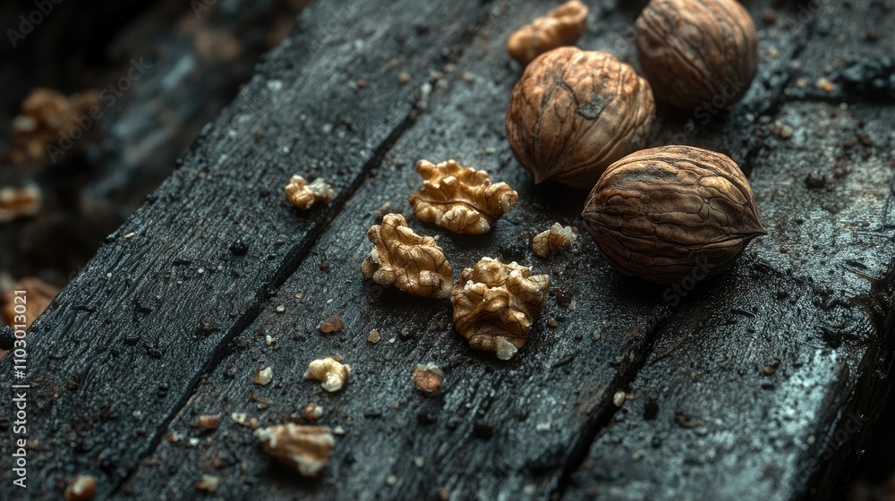 Poster walnut kernels and whole walnuts displayed on weathered wooden surface highlighting rustic natural t