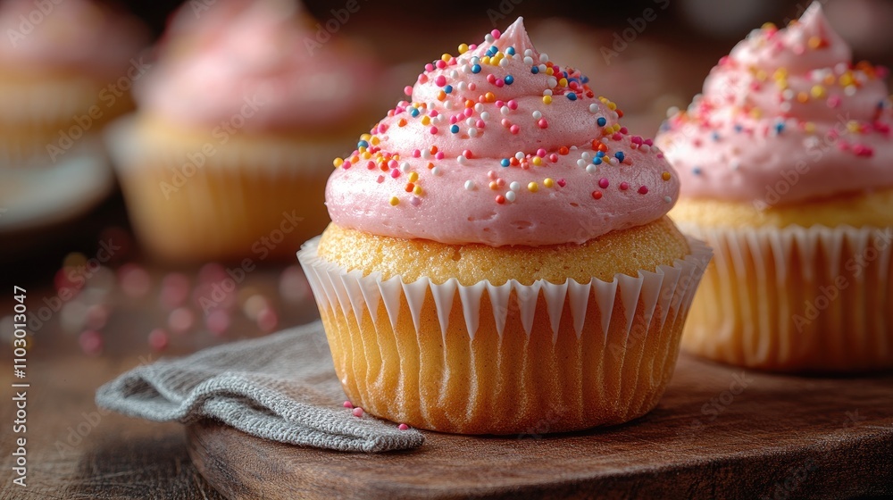 Aufkleber frosted cupcake with pink icing and colorful sprinkles on a wooden cutting board with a napkin in a 