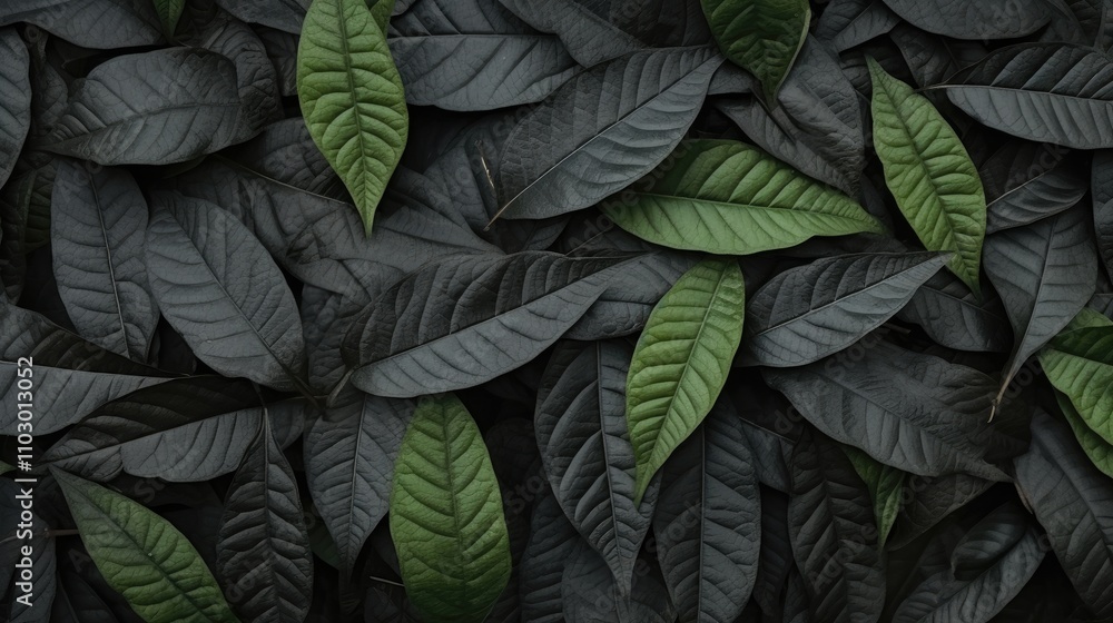 Aufkleber texture of lush green leaves arranged on dark volcanic sand creating a striking contrast in a tropic