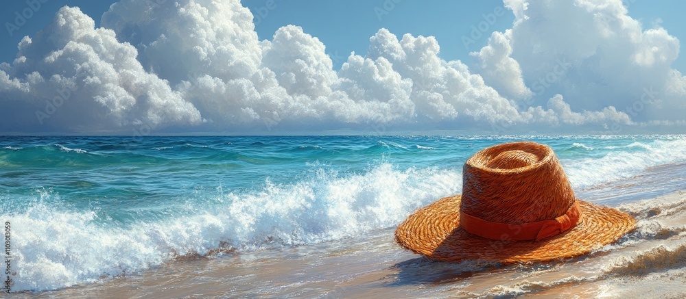 Poster straw hat resting on sandy beach with gentle waves and vibrant sky in the background creating a sere