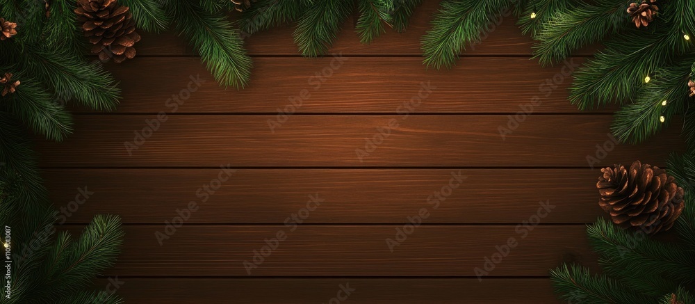Aufkleber Rustic wooden background adorned with fir branches and pine cones creating a festive space for holiday text and graphics.