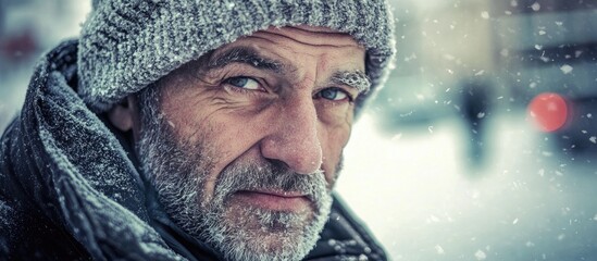 Winter portrait of a rugged man with a beard wearing a knitted hat amidst falling snow in a cold and atmospheric outdoor setting