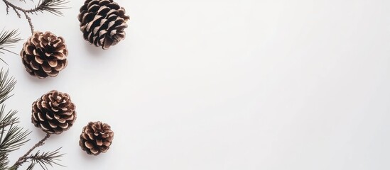 Pine cones scattered on a white background with ample copy space ideal for seasonal themes or nature-related designs