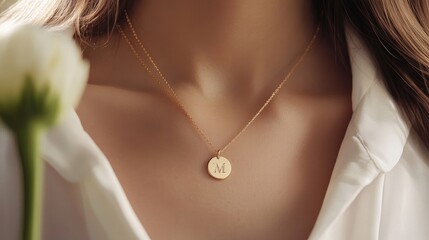 Personalized gold initial pendant necklace elegantly adorns a womans neck, highlighting the beauty of the gold initial pendant and offering a perfect space for customization.