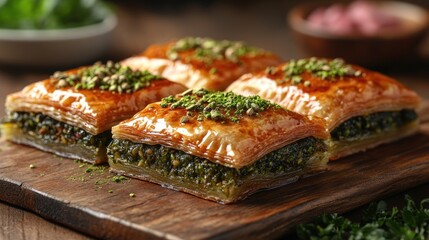 Turkish baklava dessert with pistachio syrup presented on a wooden board showcasing four delectable slices surrounded by fresh herbs
