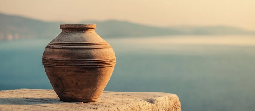 Cycladic clay jar on rooftop overlooking calm sea at sunset with distant hills creating a serene Mediterranean atmosphere