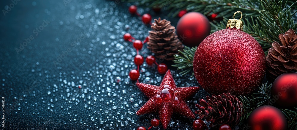 Poster red beads pine tree twigs and ornaments arranged in a festive setting with ice cube for a happy new 