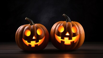 Two cheerful carved orange pumpkins glowing against a dark backdrop perfect for Halloween decorations and autumn celebrations