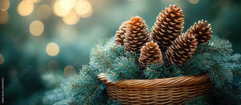 Poster Wicker basket filled with pine cones and branches creating festive Christmas decor against a blurred green background with soft bokeh lights