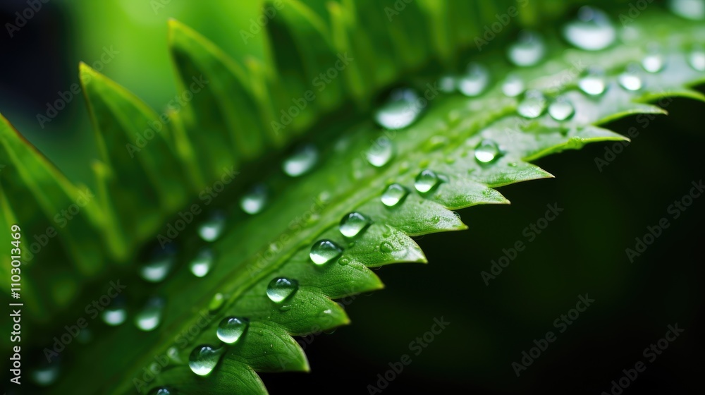 Poster macro close-up of dew droplets on a vibrant green leaf showcasing intricate textures and natural bea