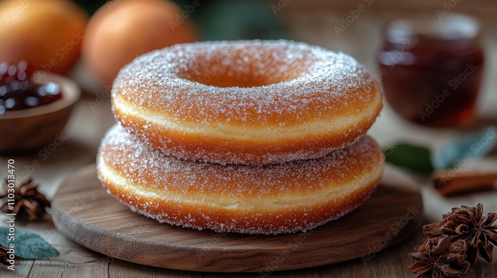 Poster freshly baked donuts coated in sugar and cinnamon served with quince jam on a rustic wooden table wi