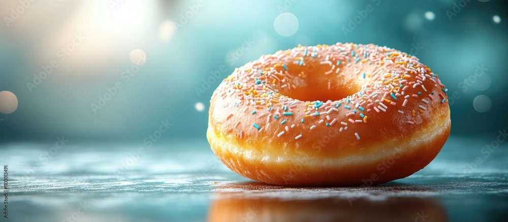 Poster colorful donut with sprinkles on a blurred background featuring soft light and bokeh effects for a d