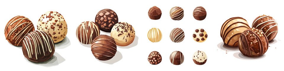 Fototapeta premium Flat style illustration of chocolate truffles, isolated on white background. Mix Collection PNG.