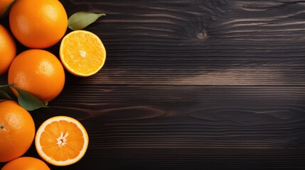 Fresh oranges and halved fruit on dark wooden surface with green leaves Healthy citrus breakfast ingredients Natural food composition
