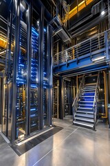 Modern industrial interior featuring elevators and a staircase with blue lighting accents.