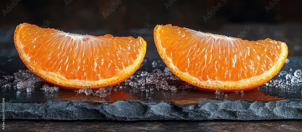 Poster tangerine slices on a slate table with coarse salt highlighting vibrant colors and textures in a rus