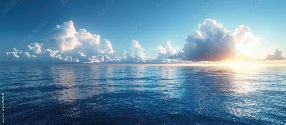 Poster serene ocean horizon with clear blue sky and soft clouds reflecting on tranquil water surface