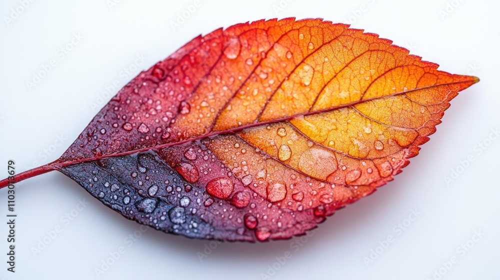 Poster vibrant autumn cherry leaf with water droplets isolated on a soft background highlighting its colorf
