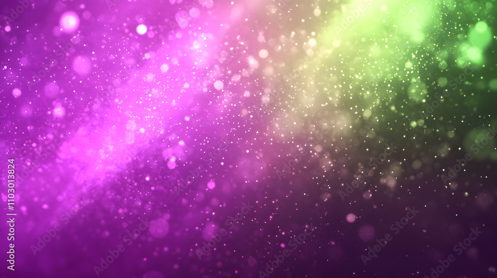 Poster abstract background with purple and green bokeh lights. sparkling particles and vibrant colors creat