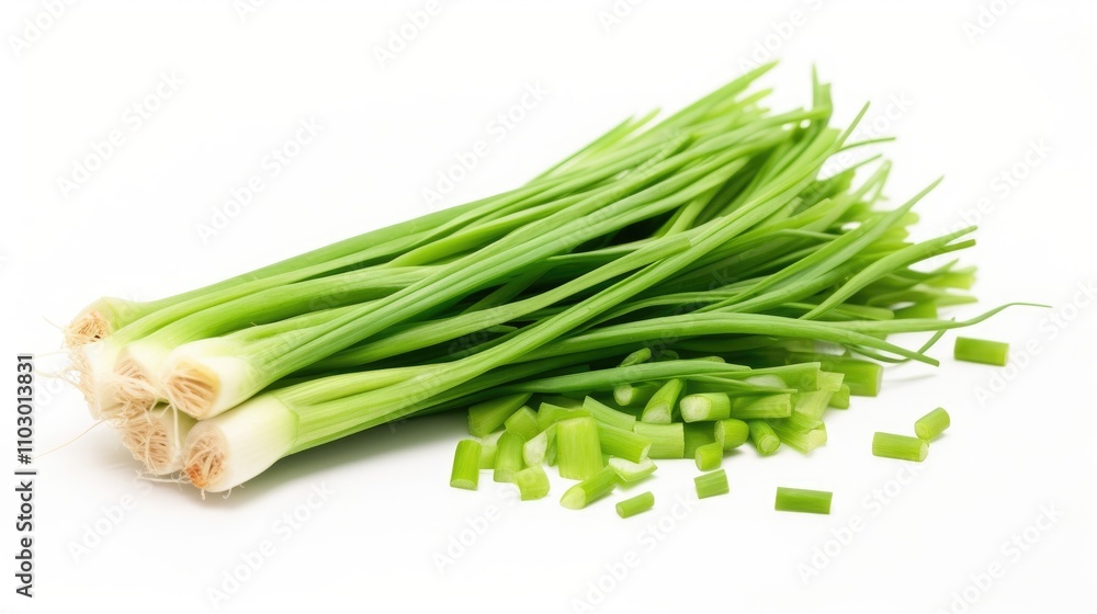 Aufkleber freshly chopped green onions with whole stems on a white background showcasing vibrant colors and te
