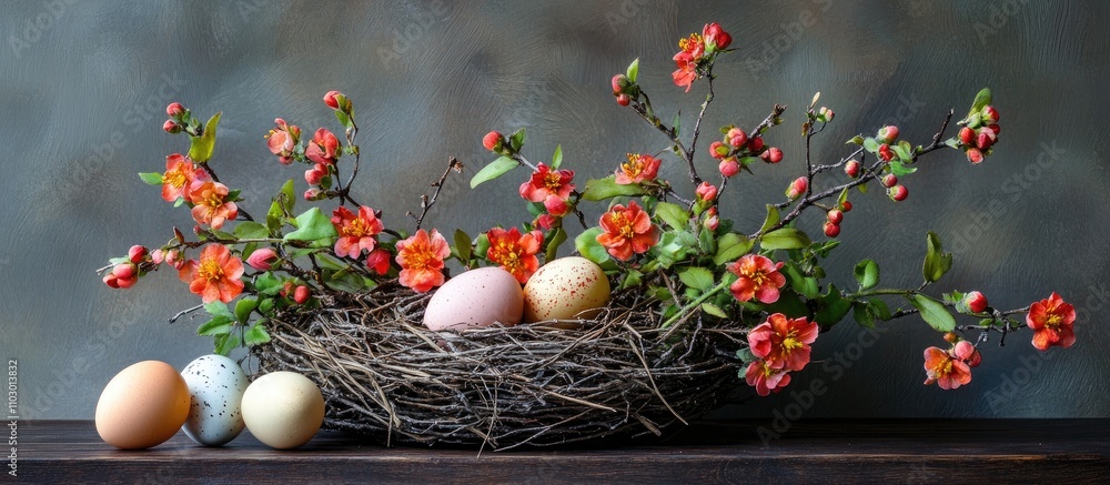 Aufkleber easter floral arrangement with colorful eggs in a nest against a dark textured background showcasing