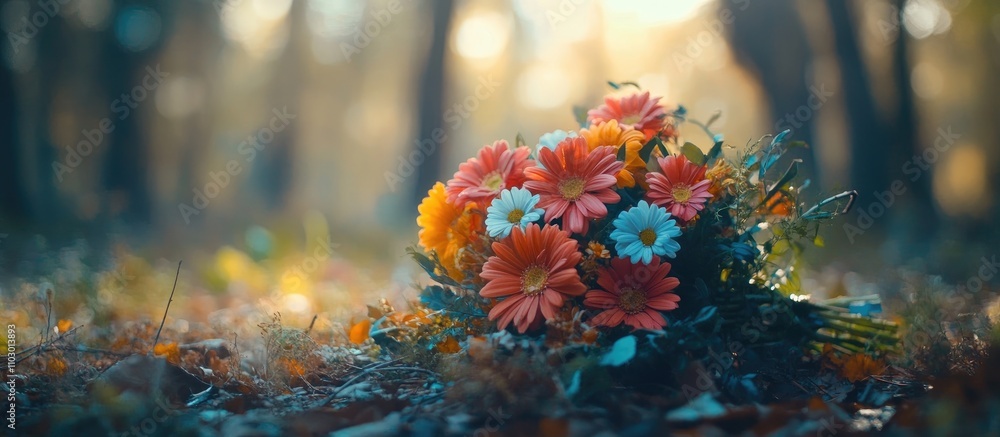 Aufkleber charming bouquet of colorful flowers gently resting on the forest floor surrounded by autumn foliage