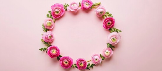 Obraz premium Circle frame of vibrant ranunculus flowers on a soft pink background showcasing a fresh and elegant spring theme in floral design.