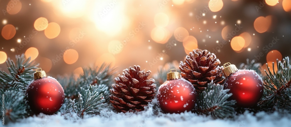 Poster festive christmas scene with red ornaments pine cones and snow against a dreamy bokeh background for