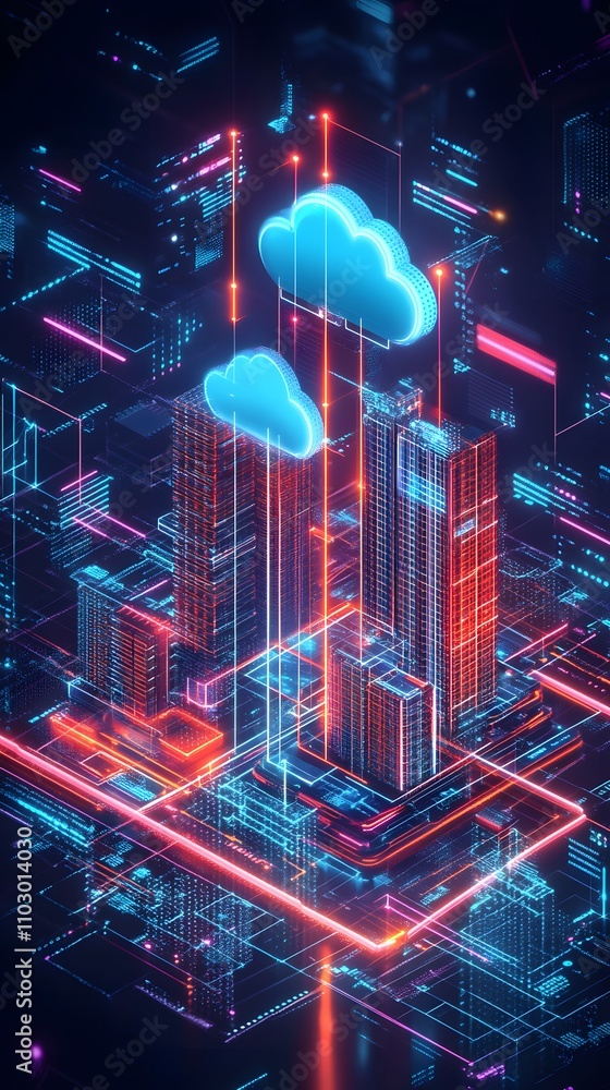 Aufkleber futuristic cityscape with glowing clouds and data streams.