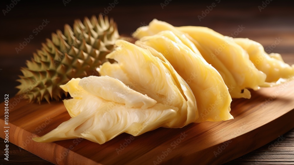 Poster peeled durian slices on a wooden table with whole durian fruit in the background ready for consumpti