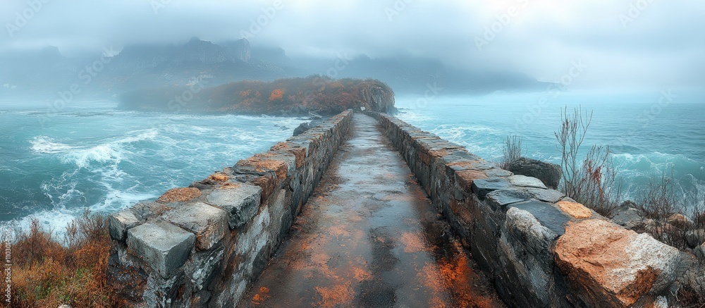 Poster panoramic view of a misty breakwater leading into the atlantic ocean with rugged coastline and crash