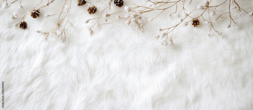Poster festive holiday decorations with pine cones and dried branches on a soft white fur background perfec
