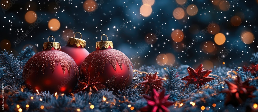 Aufkleber festive christmas ornaments in a winter scene with blurred lights and snowfall creating a magical ho