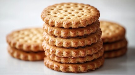 Stack of golden round biscuit cookies arranged neatly against a clean white background showcasing texture and detail.