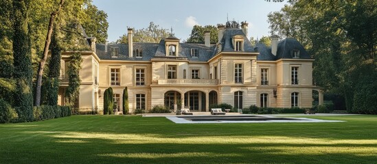 Elegant historical villa surrounded by lush greenery and a serene lawn showcasing classic architectural design and timeless beauty.