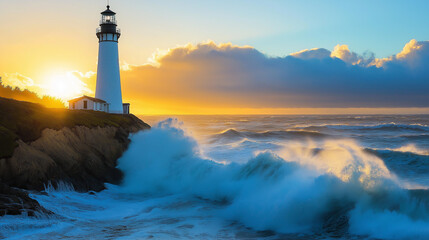 Lighthouse standing tall on rugged cliffs, waves crashing around it - Majestic and powerful, dusk light
