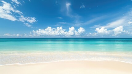 Fototapeta premium A tropical paradise with pristine white beaches and vibrant blue waters, ideal for relaxation and escape. Perfect for travel and nature photography with ample copy space.