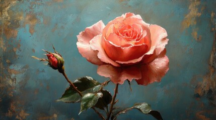vibrant oil painting of a delicate rose with budding flower set against a textured blue background capturing romance and elegance