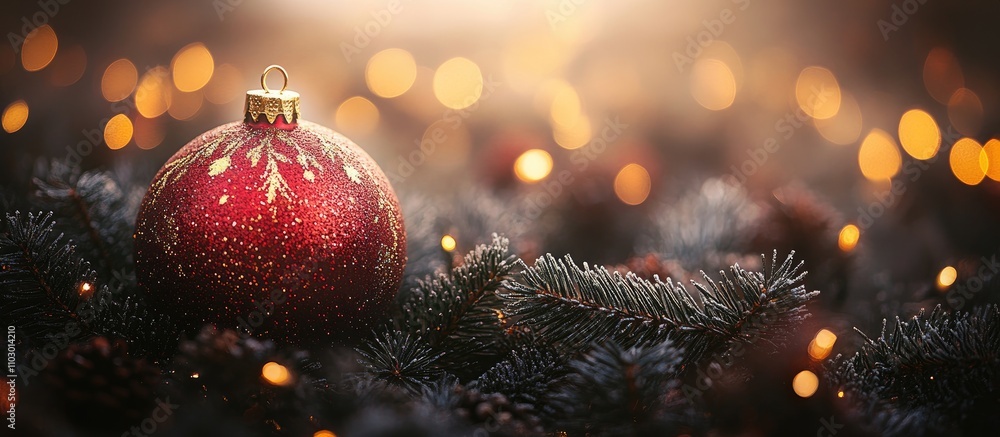 Poster Close up of a red Christmas ornament on pine tree branches with golden bokeh lights in the background creating a festive atmosphere.