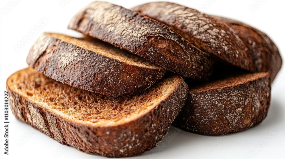 Poster Sliced toasted bread on a white background showcasing texture and rich color in a culinary setting