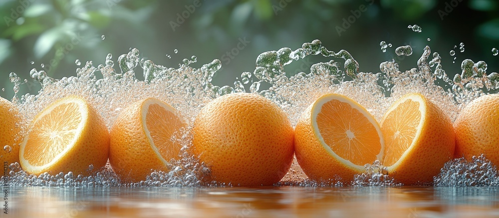 Poster refreshing oranges splashing in water with vibrant green background creating a lively and energetic 