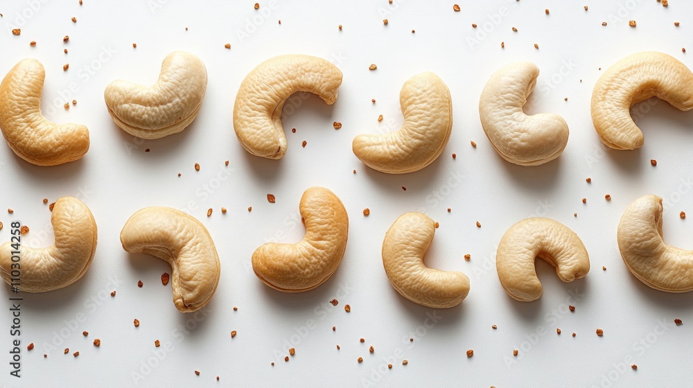 Poster raw cashew nuts arranged artistically on a white background showcasing their unique shape and textur