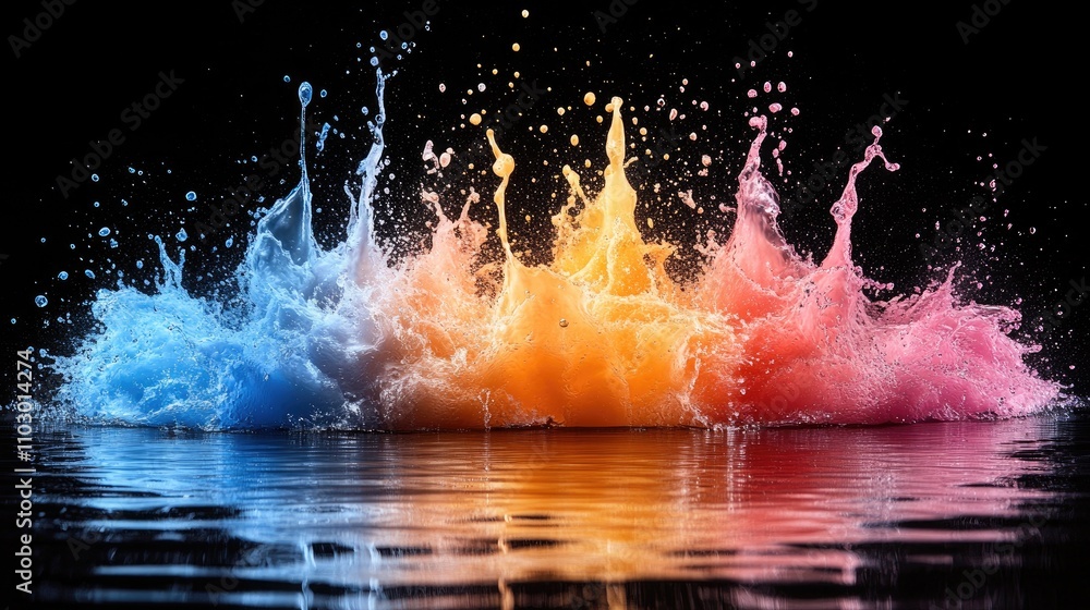 Poster vibrant water splash combined with colorful dust explosion creating a stunning visual effect on a re