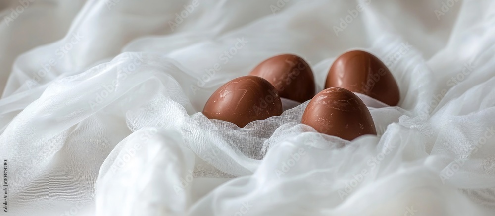 Aufkleber Chocolate Easter eggs elegantly placed on soft white gauze fabric creating a serene and festive atmosphere with ample copy space for text.