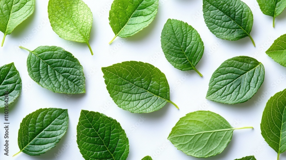 Poster green leaf pattern on white background showcasing various textures and shapes for natural design and